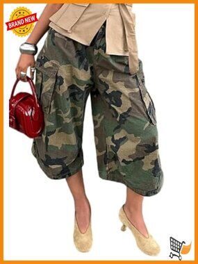 Camo Cargo Pants Baggy Wide Leg High Waist Bermuda Capris Army Fatigue Trousers